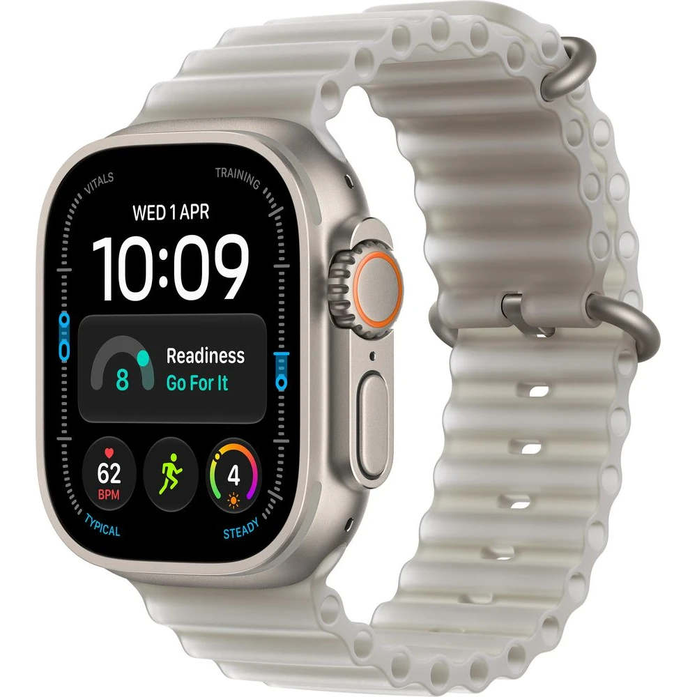 Apple Watch Ultra 4 49mm Přírodní titan s průsvitně šedým Oceánským řemínkem